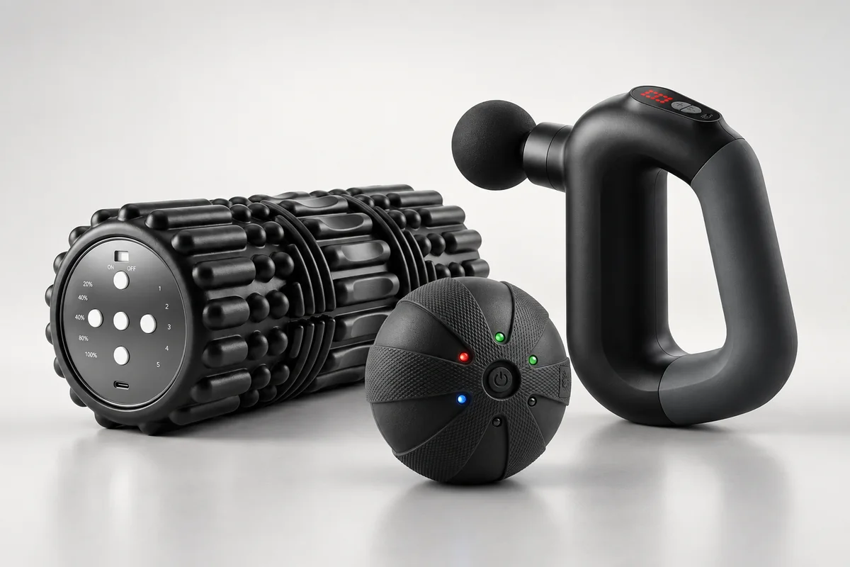 The WeRecover Essentials kit: WeRoll roller, WeRelease ball and WeRevive massage device